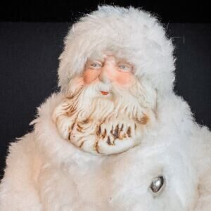 Rare Vintage Slavik Father Frost in Long White Faux Fur Coat & Hat, 9.5" Tall